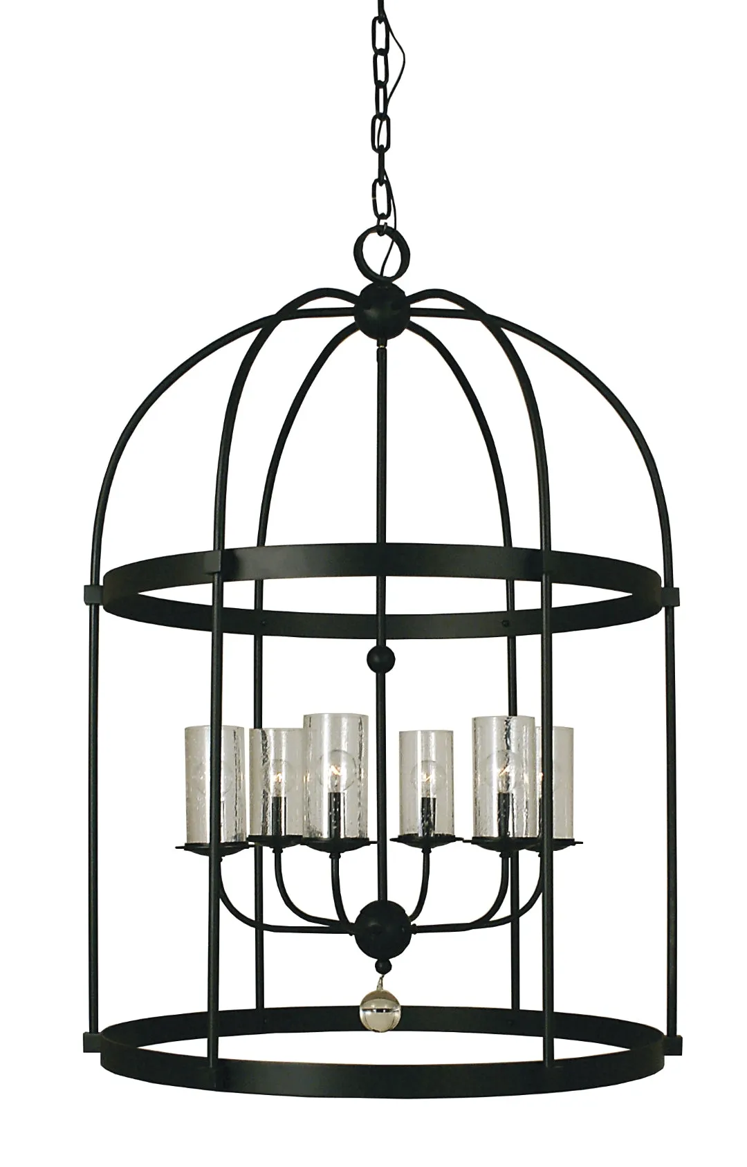 6-Light Matte Black Chandelier - Elegant Clear Seedy Glass Shades for Stately Foyer Illumination