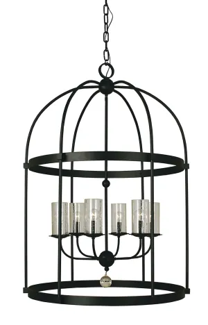 6-Light Matte Black Chandelier - Elegant Clear Seedy Glass Shades for Stately Foyer Illumination