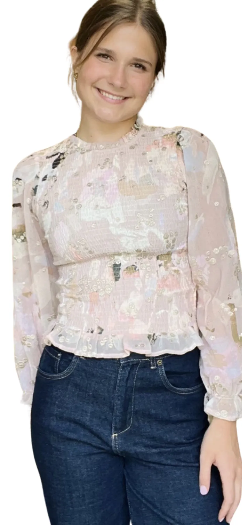 Apparel- Btfl-Life Grace Gold Thread High Neck Smocked Top
