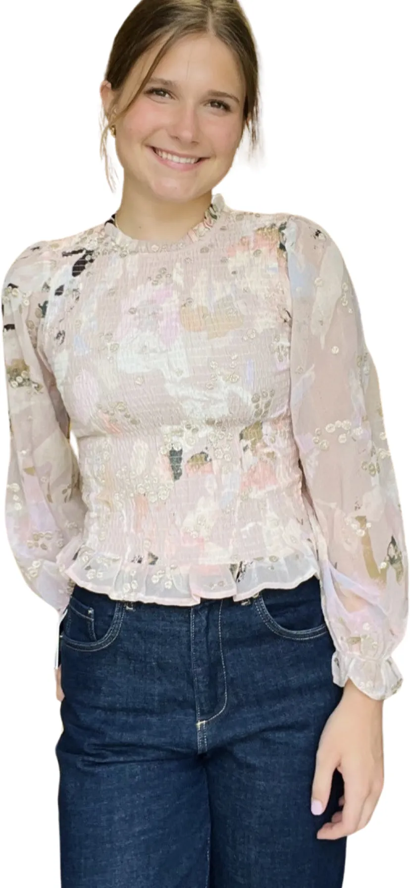 Apparel- Btfl-Life Grace Gold Thread High Neck Smocked Top