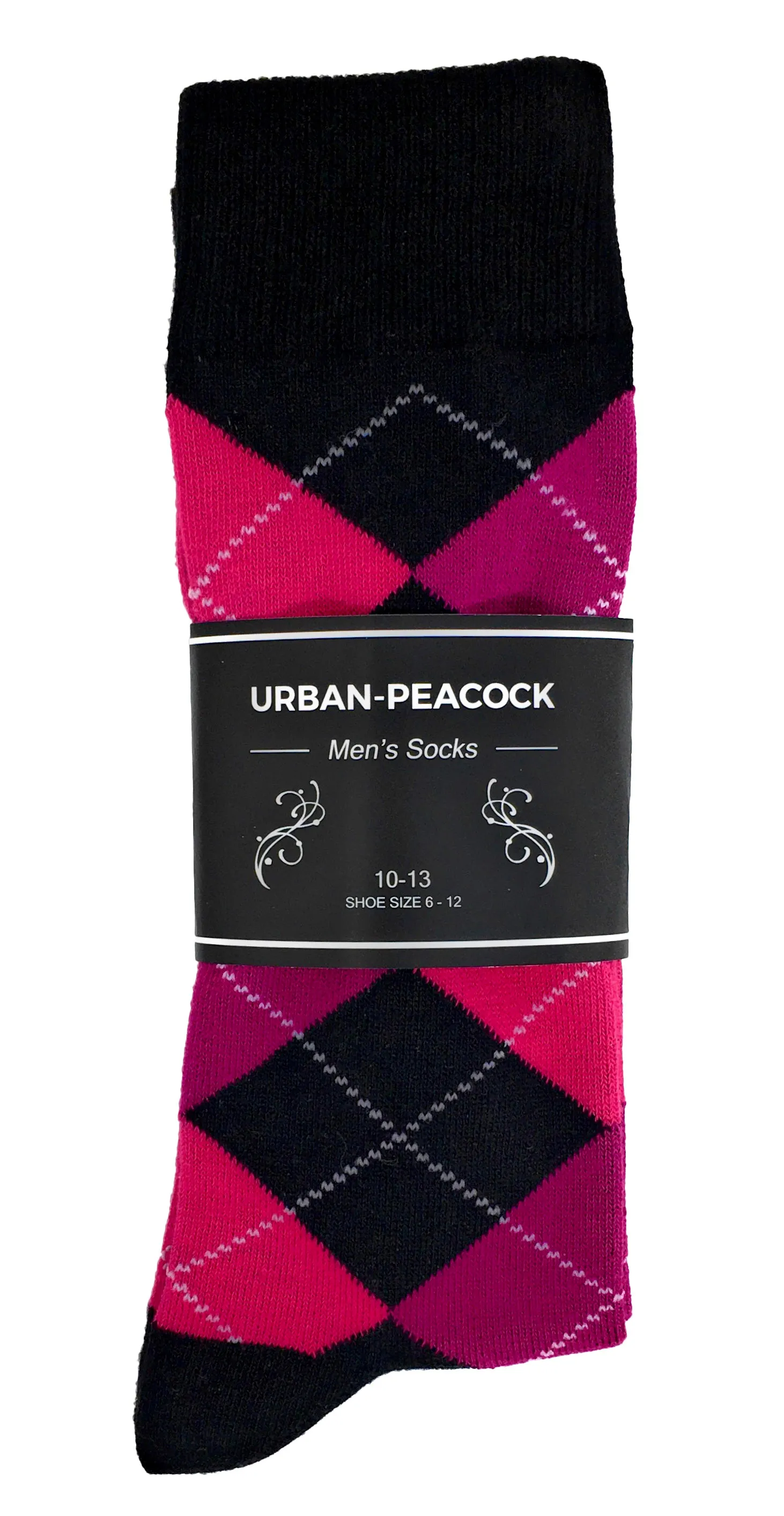 Black Label Men's Dress Socks - Argyle - Black, Deep Raspberry & Deep Begonia