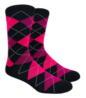 Black Label Men's Dress Socks - Argyle - Black, Deep Raspberry & Deep Begonia