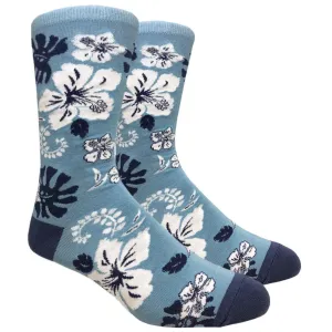Black Label Men's Dress Socks - Hawaiian Flower - Blue
