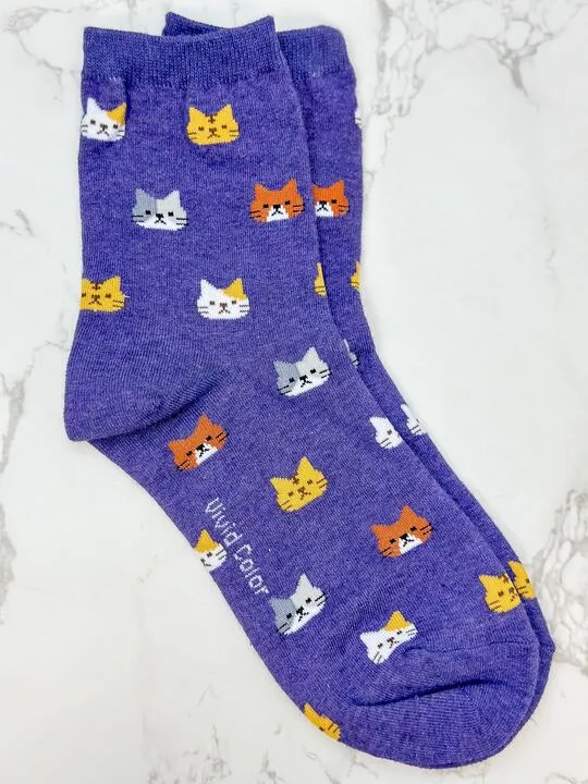 Cat Printed Crew Socks - Purple