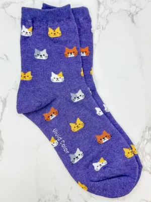Cat Printed Crew Socks - Purple