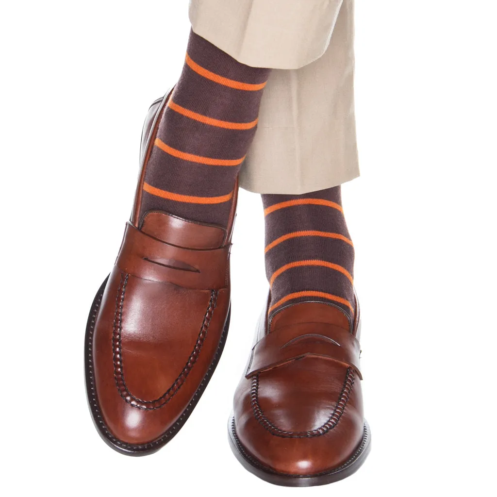Coffee Brown with Burnt Orange Stripe Fine Merino Wool Sock Linked Toe OTC