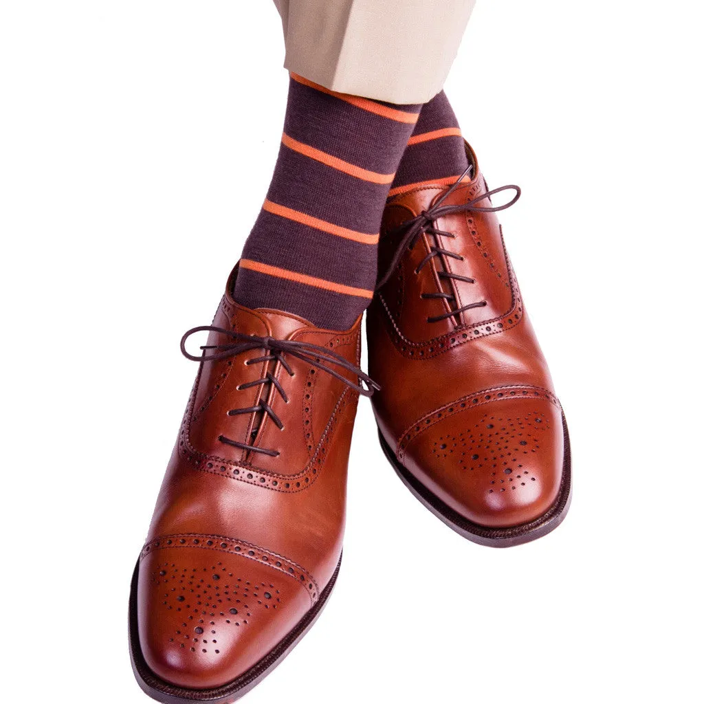 Coffee Brown with Burnt Orange Stripe Fine Merino Wool Sock Linked Toe OTC