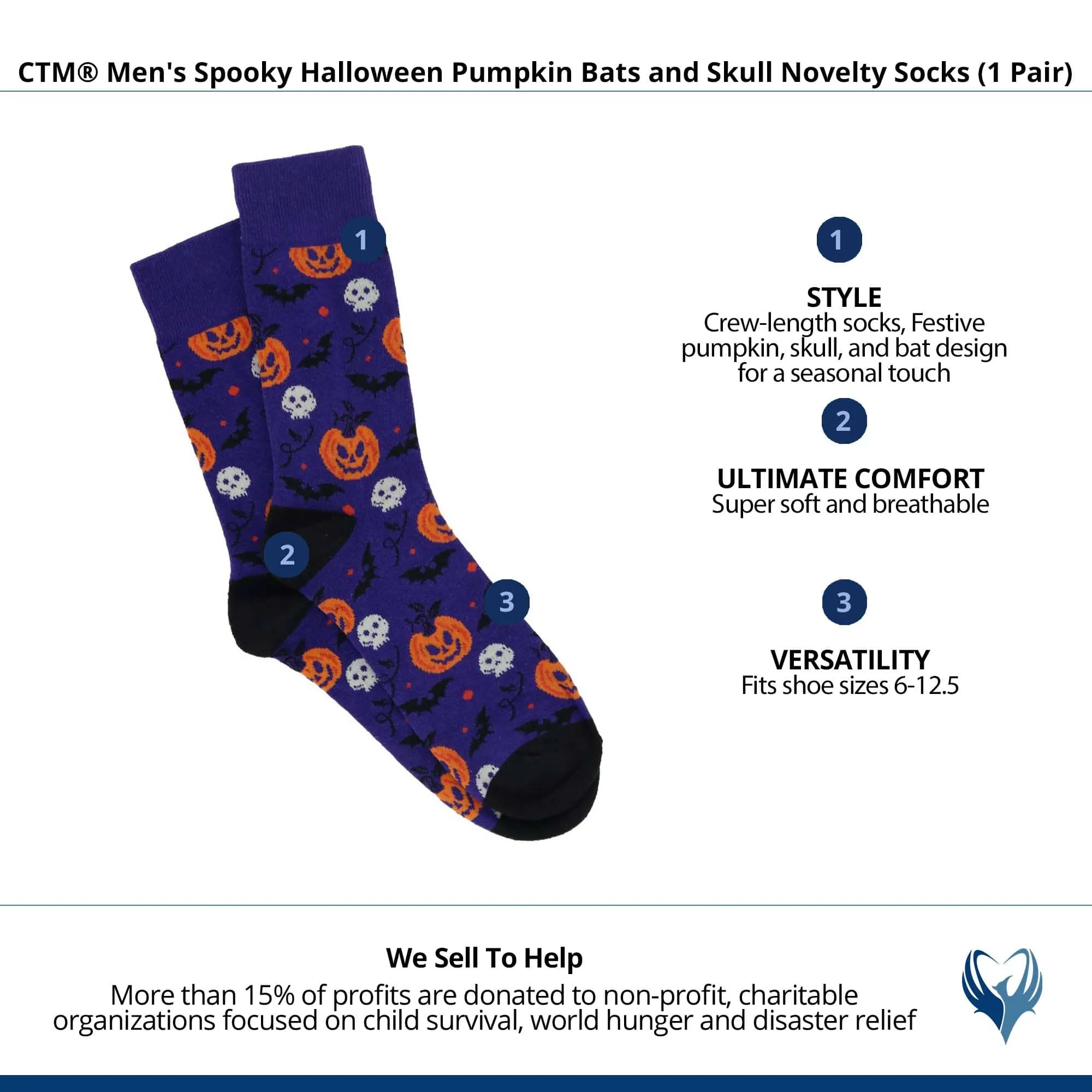 CTM® Men's Spooky Halloween Pumpkin Bats and Skull Novelty Socks (1 Pair)