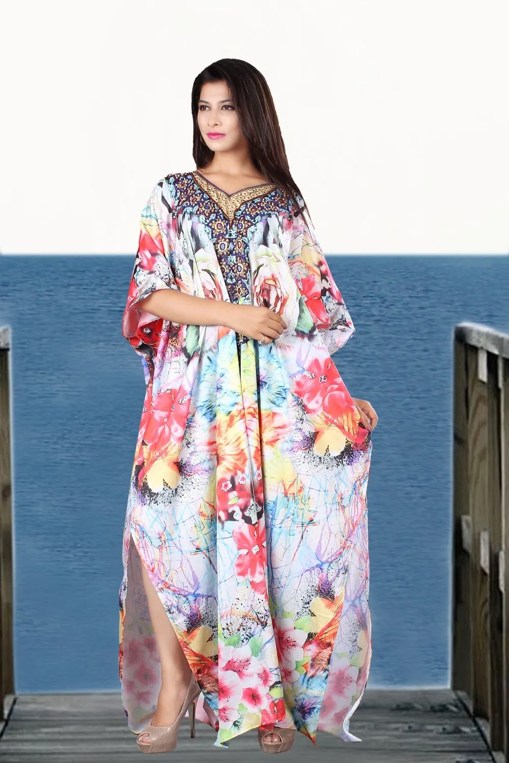 Floral Print Beach kaftan dress for beaded/one piece jeweled full length kaftan