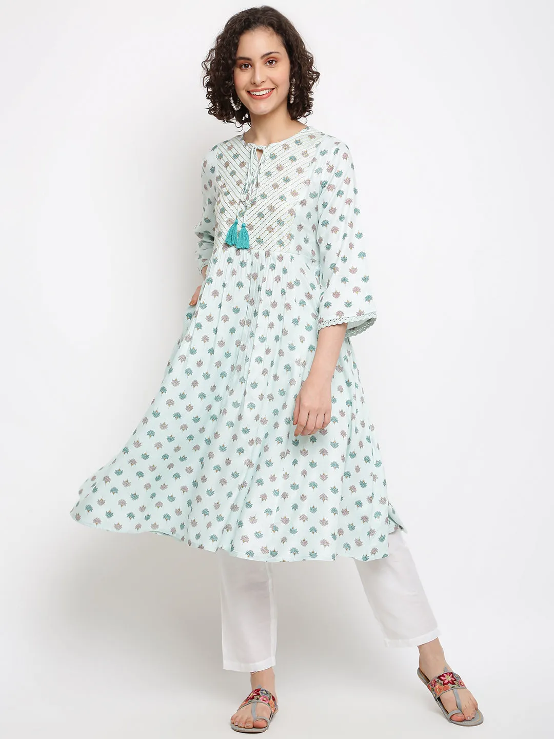 Floral Printed Blue Kurta