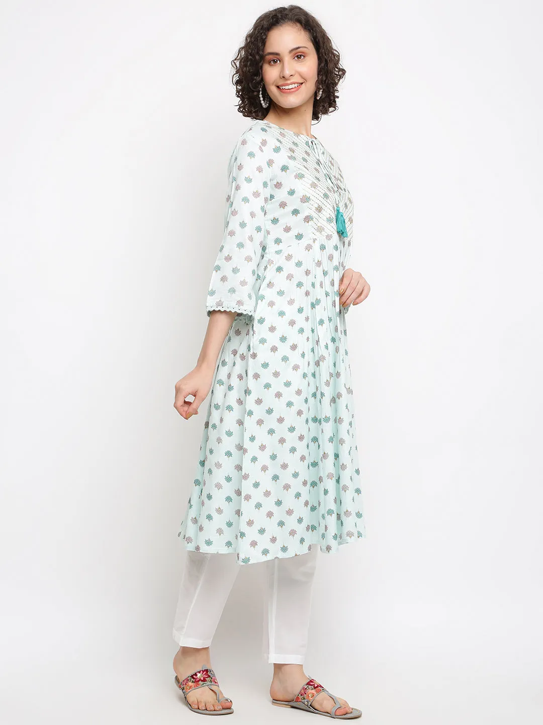 Floral Printed Blue Kurta