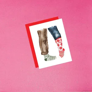 Holiday Socks Couple Card | Hand-Painted Watercolor Christmas Card with Red Envelope | Cozy Holiday Greeting