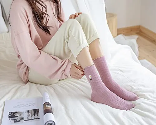 Kimkshine Womens Ruffle Socks High Ankle Casual Knit Dress Sock Fashion Women Princess Socks Cute Embroidery 5 Pairs