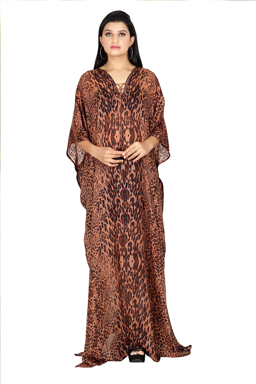 Lace Up Cheetah Leopard Print Silk Kaftan Maxi Dress