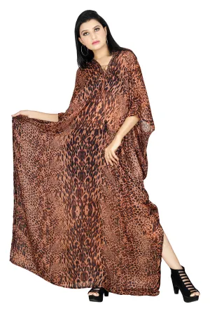Lace Up Cheetah Leopard Print Silk Kaftan Maxi Dress