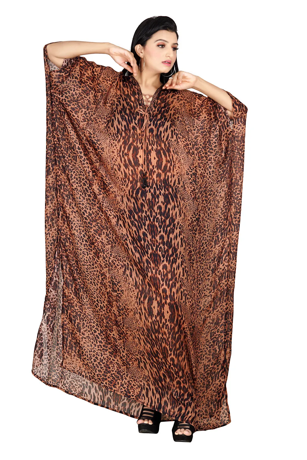 Lace Up Cheetah Leopard Print Silk Kaftan Maxi Dress