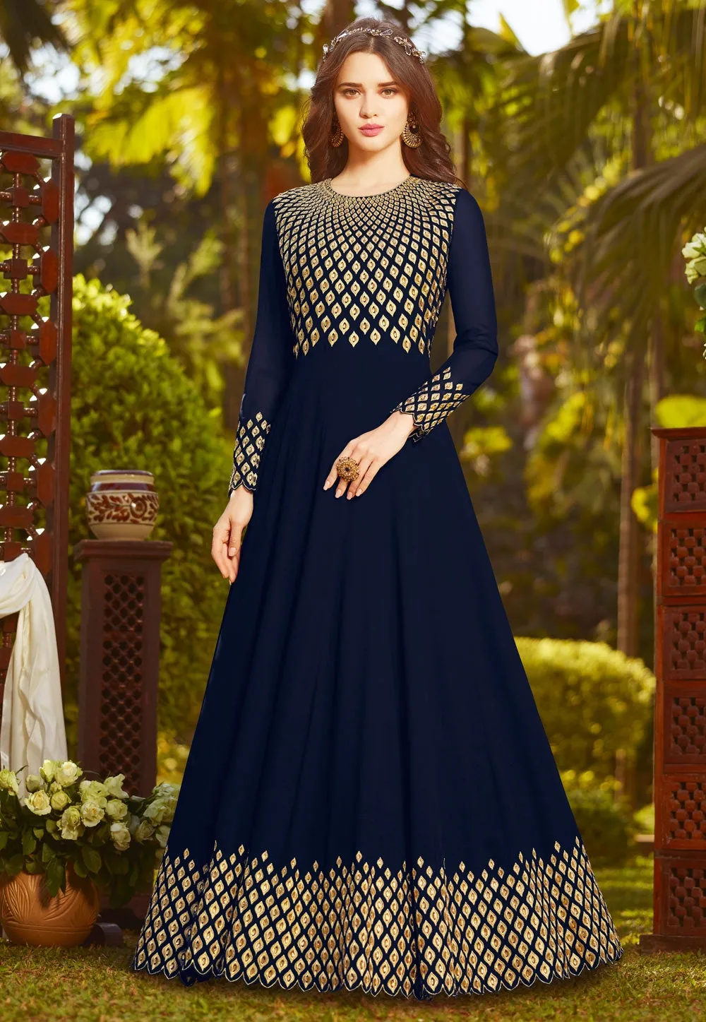Navy Blue Golden Embroidered Georgette Anarkali Suit