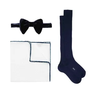 Navy Blue Velvet Bow Tie & White Pocket Square & Navy Socks Set