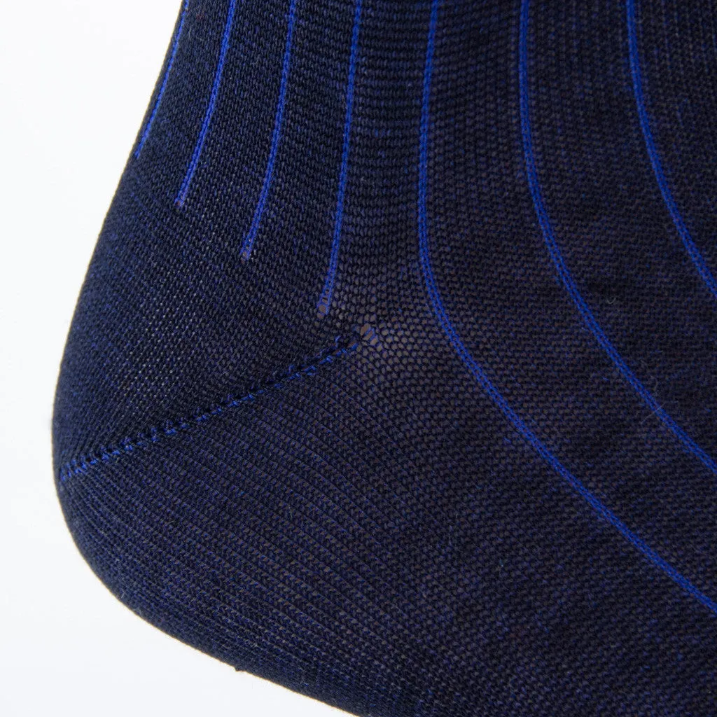Navy with Clematis Blue Vertical Stripe Cotton Sock Linked Toe Mid-Calf