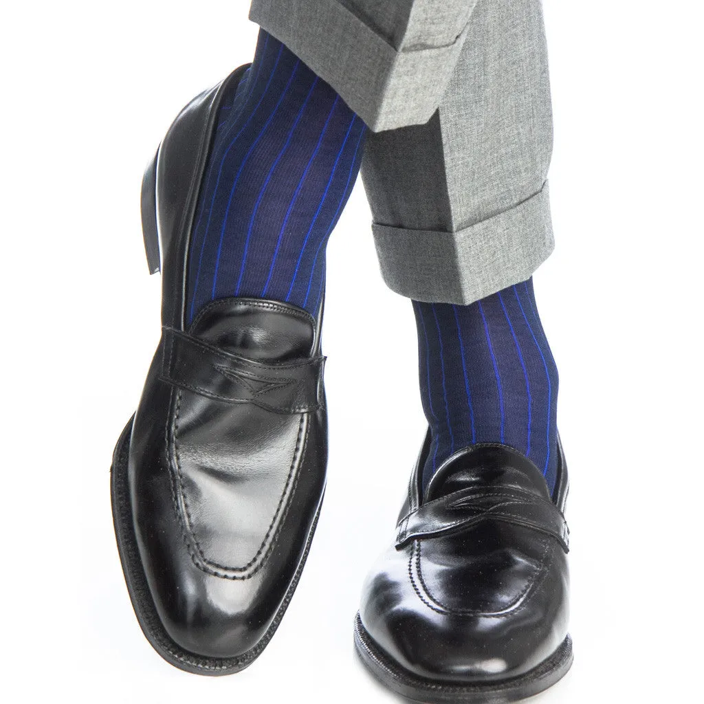 Navy with Clematis Blue Vertical Stripe Cotton Sock Linked Toe Mid-Calf
