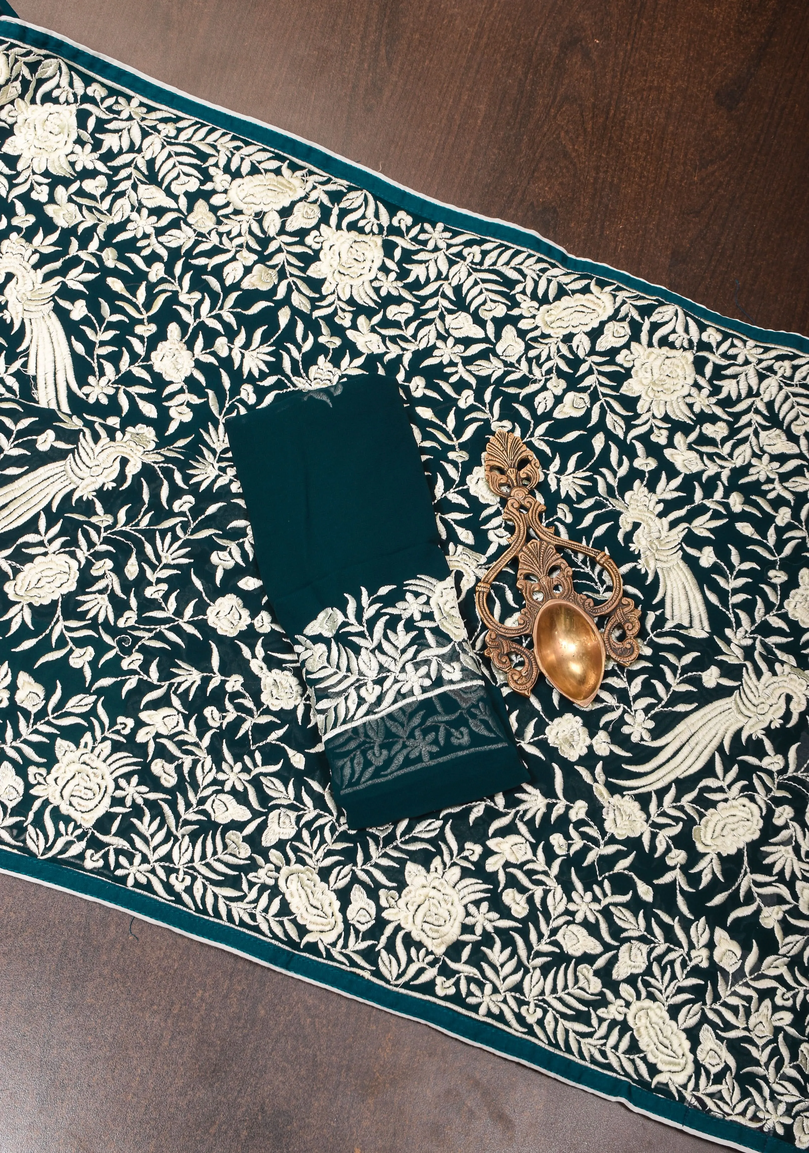 Parsi Gara Design Machine Embroidery on Deep Teal Georgette