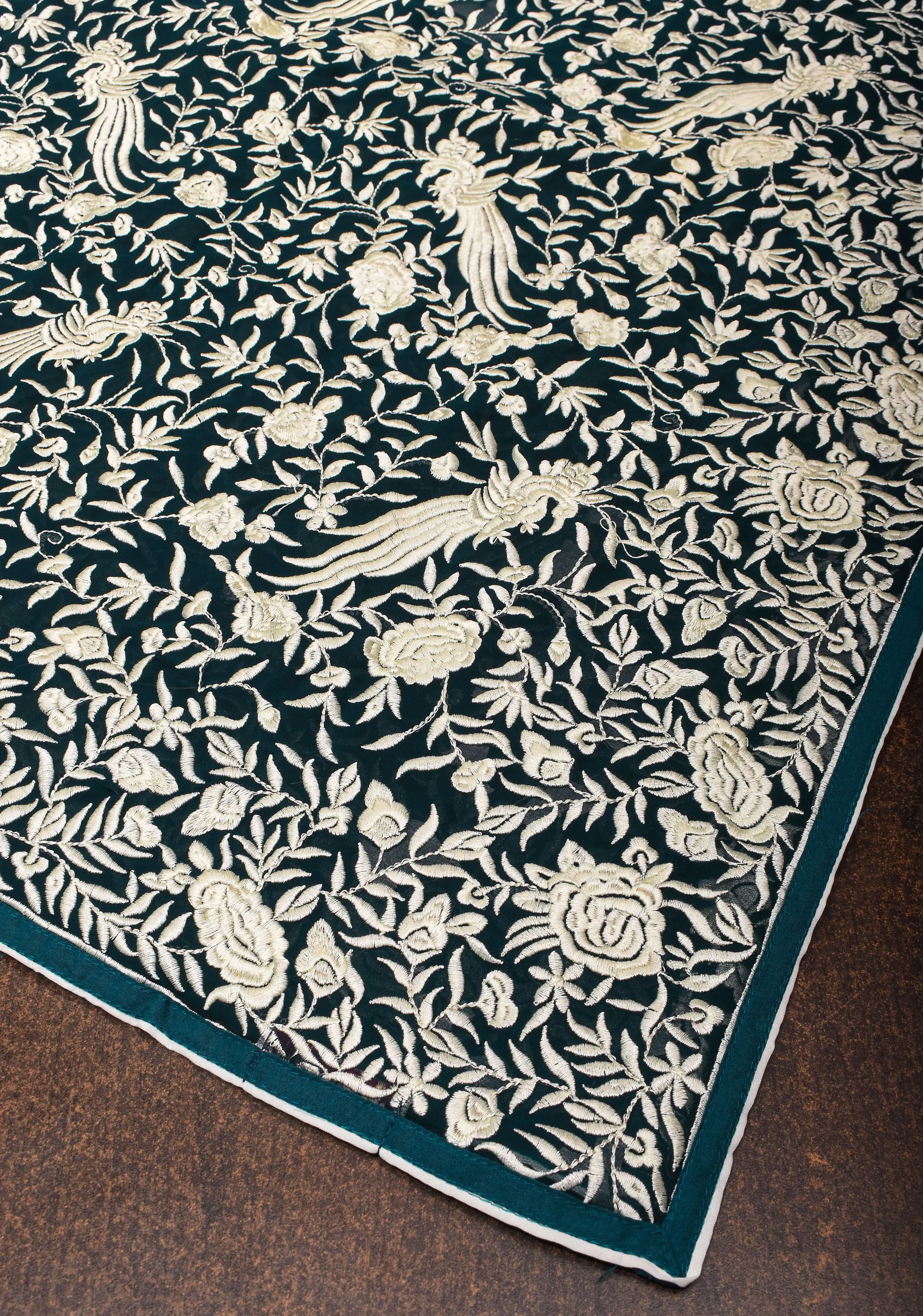 Parsi Gara Design Machine Embroidery on Deep Teal Georgette