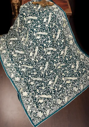 Parsi Gara Design Machine Embroidery on Deep Teal Georgette