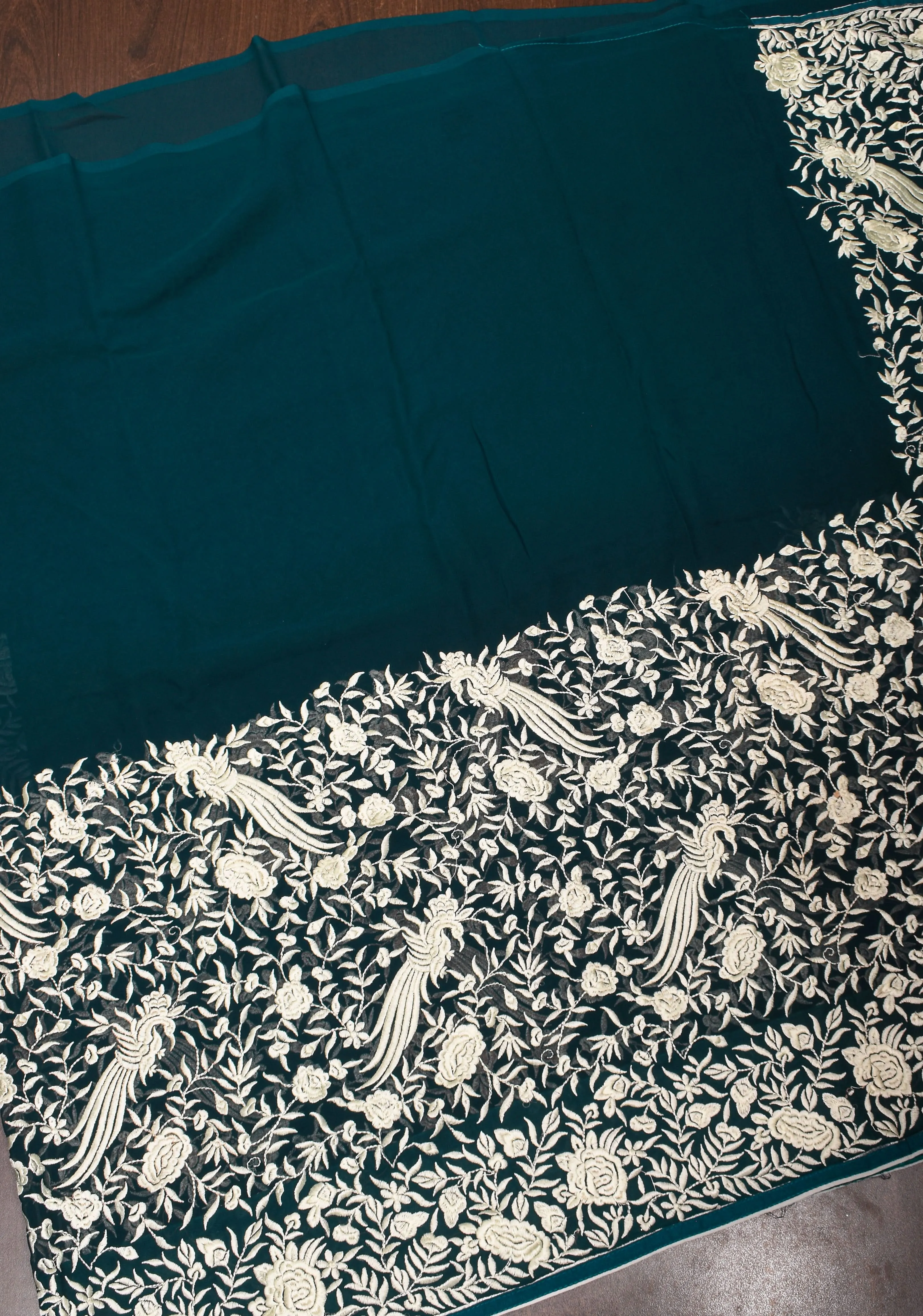 Parsi Gara Design Machine Embroidery on Deep Teal Georgette