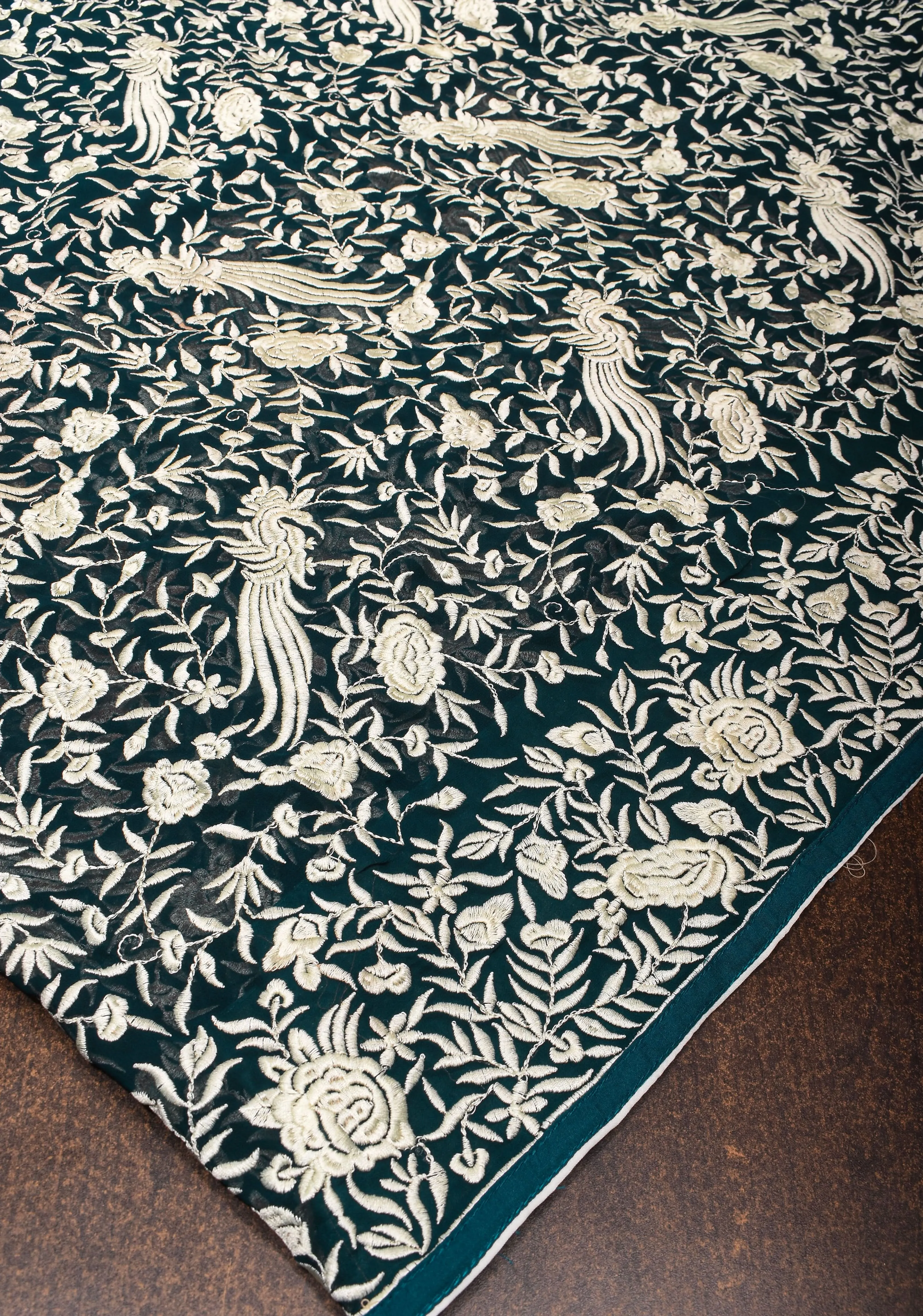 Parsi Gara Design Machine Embroidery on Deep Teal Georgette