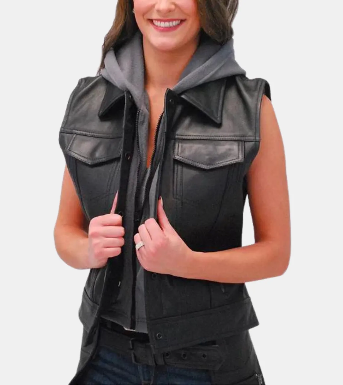 Prescott Women's Black Hooded Leather Vest
