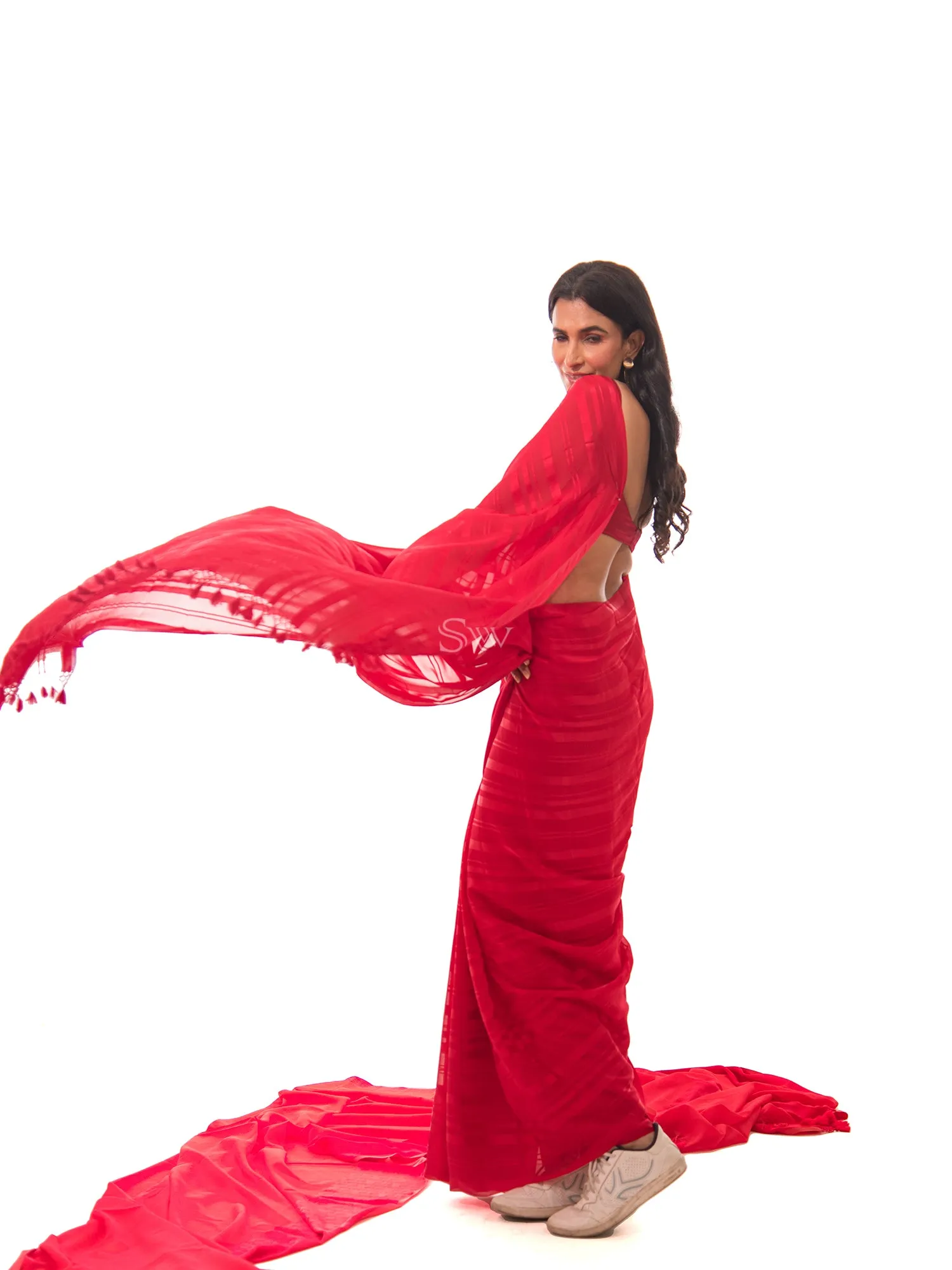 Red Stripe Satin Georgette Handloom Saree