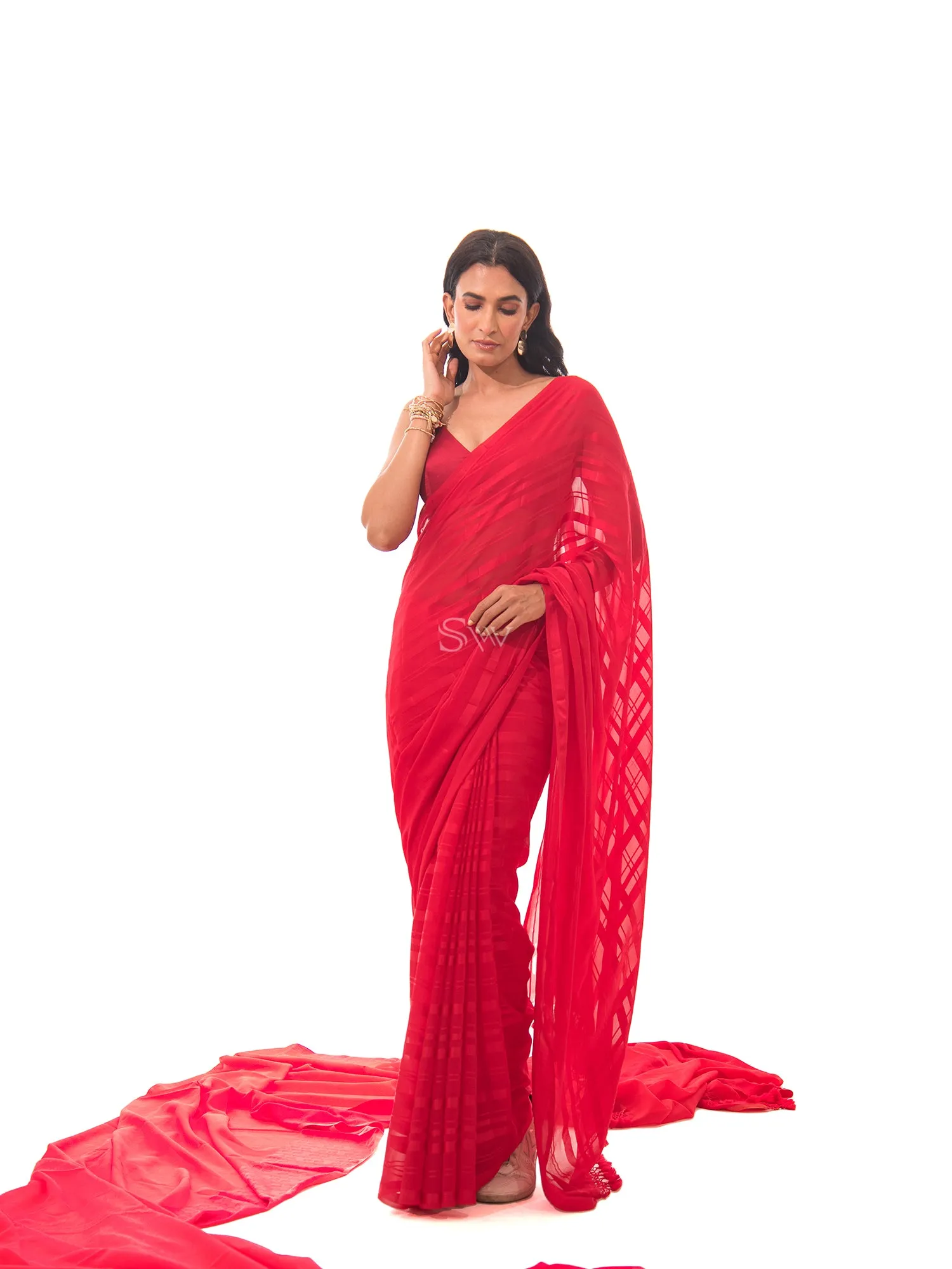 Red Stripe Satin Georgette Handloom Saree