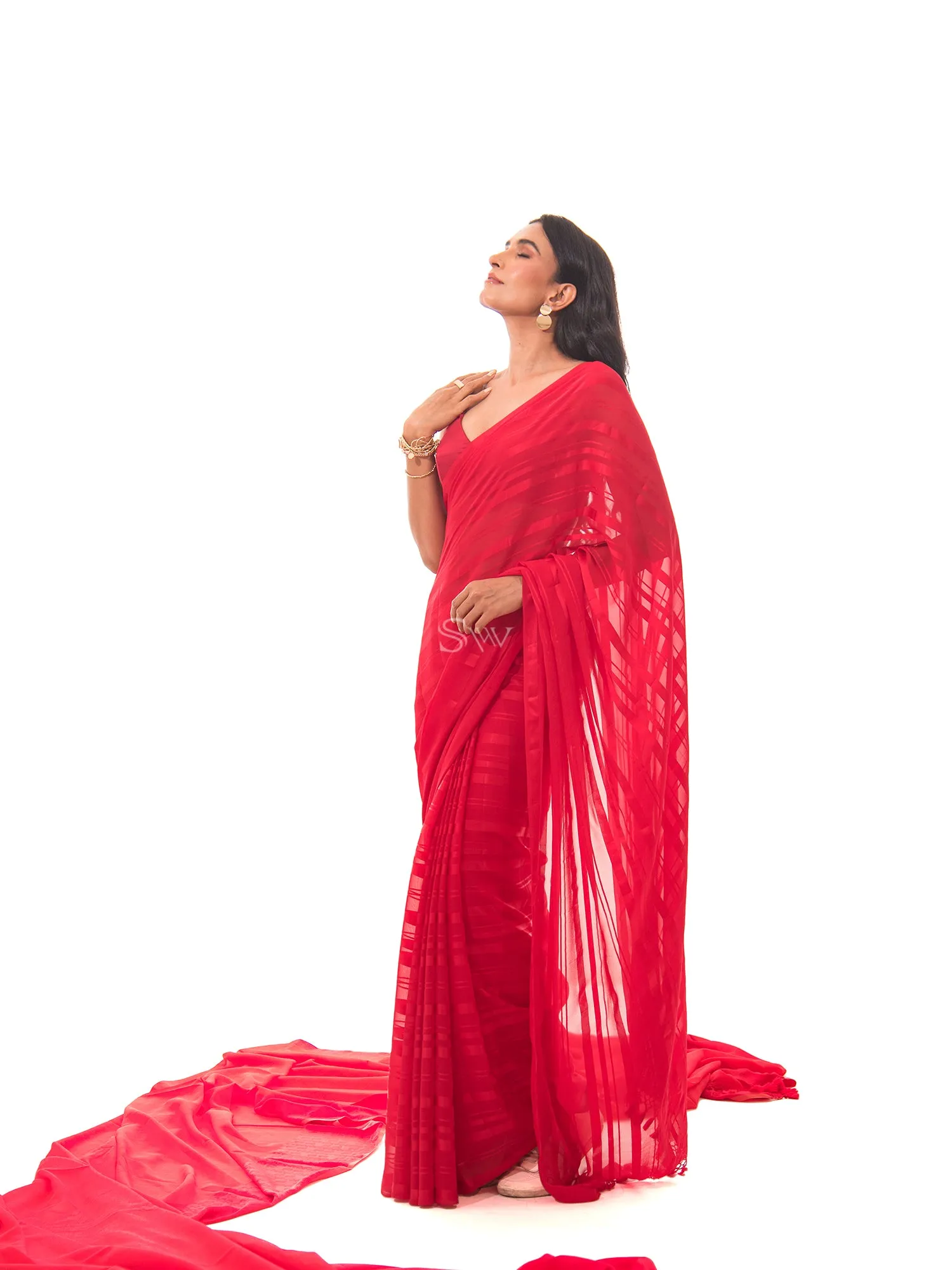 Red Stripe Satin Georgette Handloom Saree