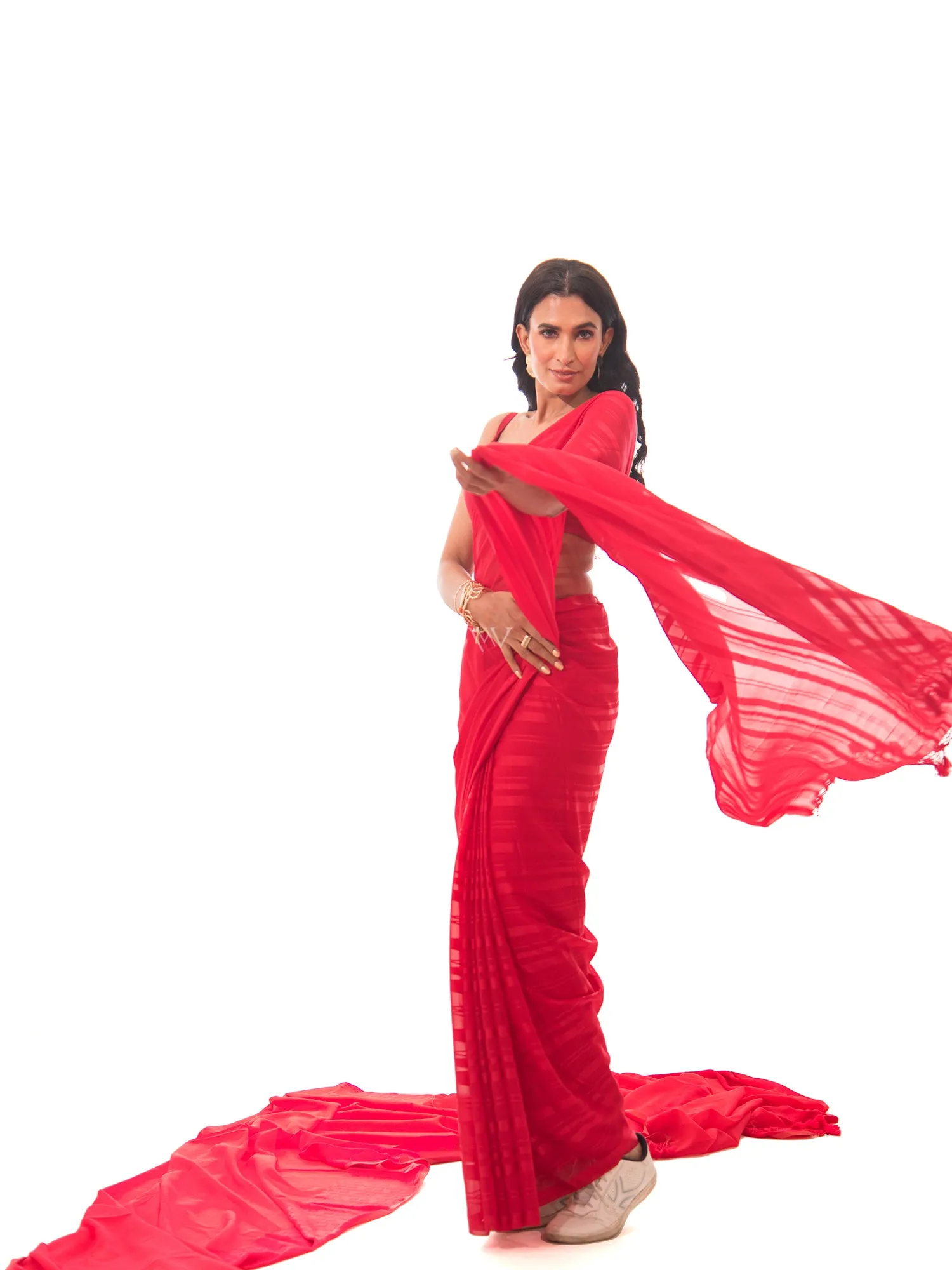 Red Stripe Satin Georgette Handloom Saree