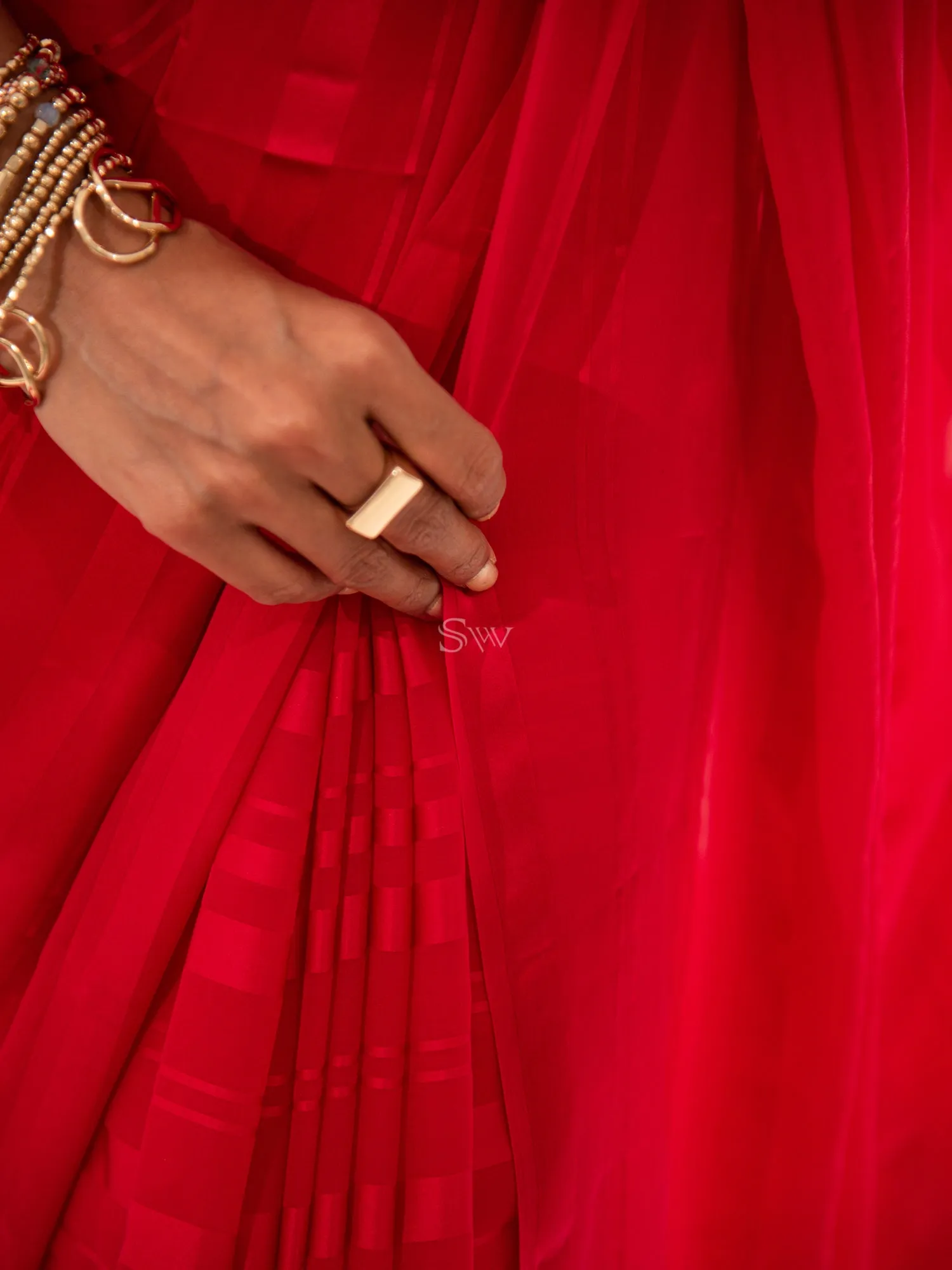 Red Stripe Satin Georgette Handloom Saree