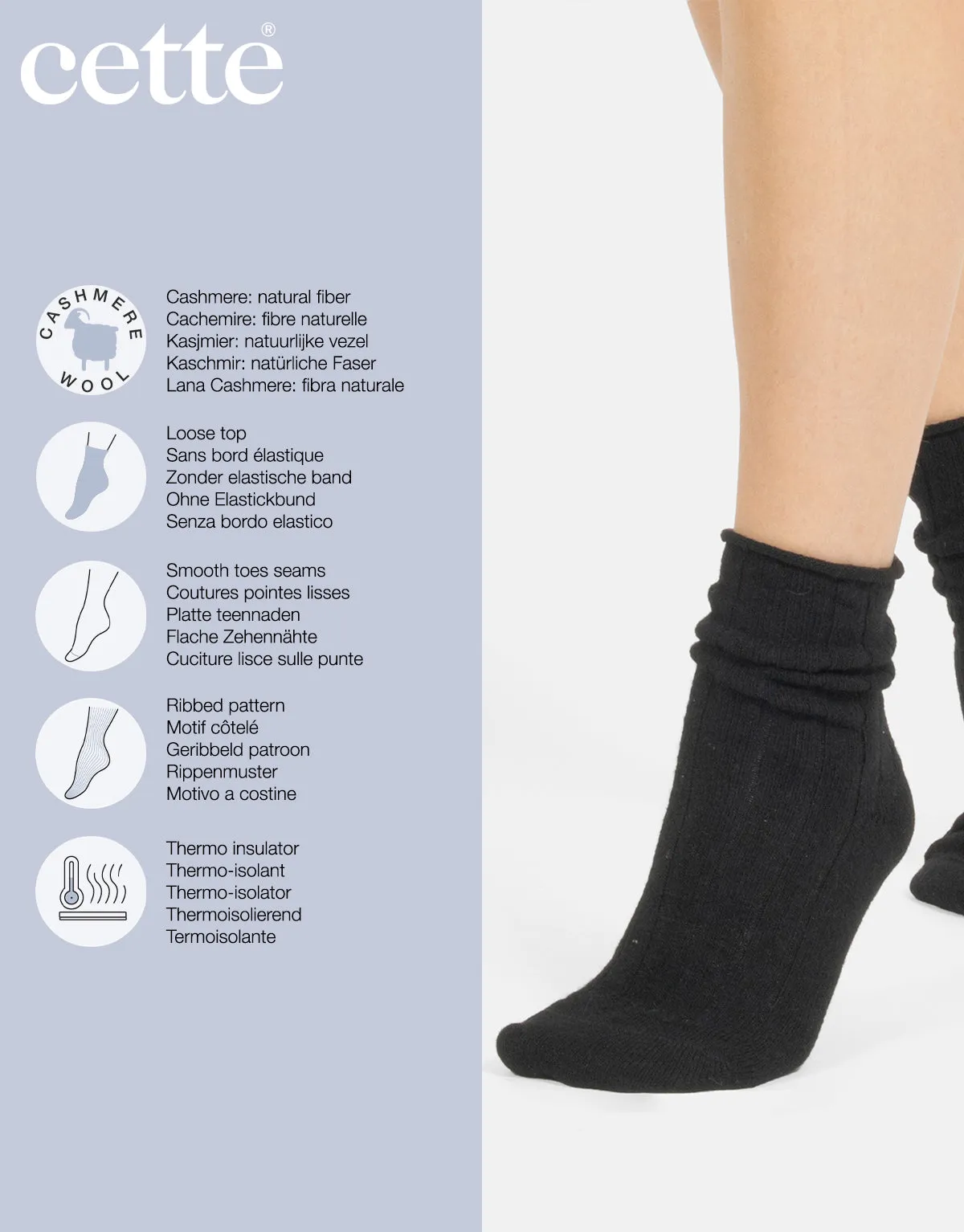 Ribbed Cashmere Blend Loose Top Socks - Black   Sand