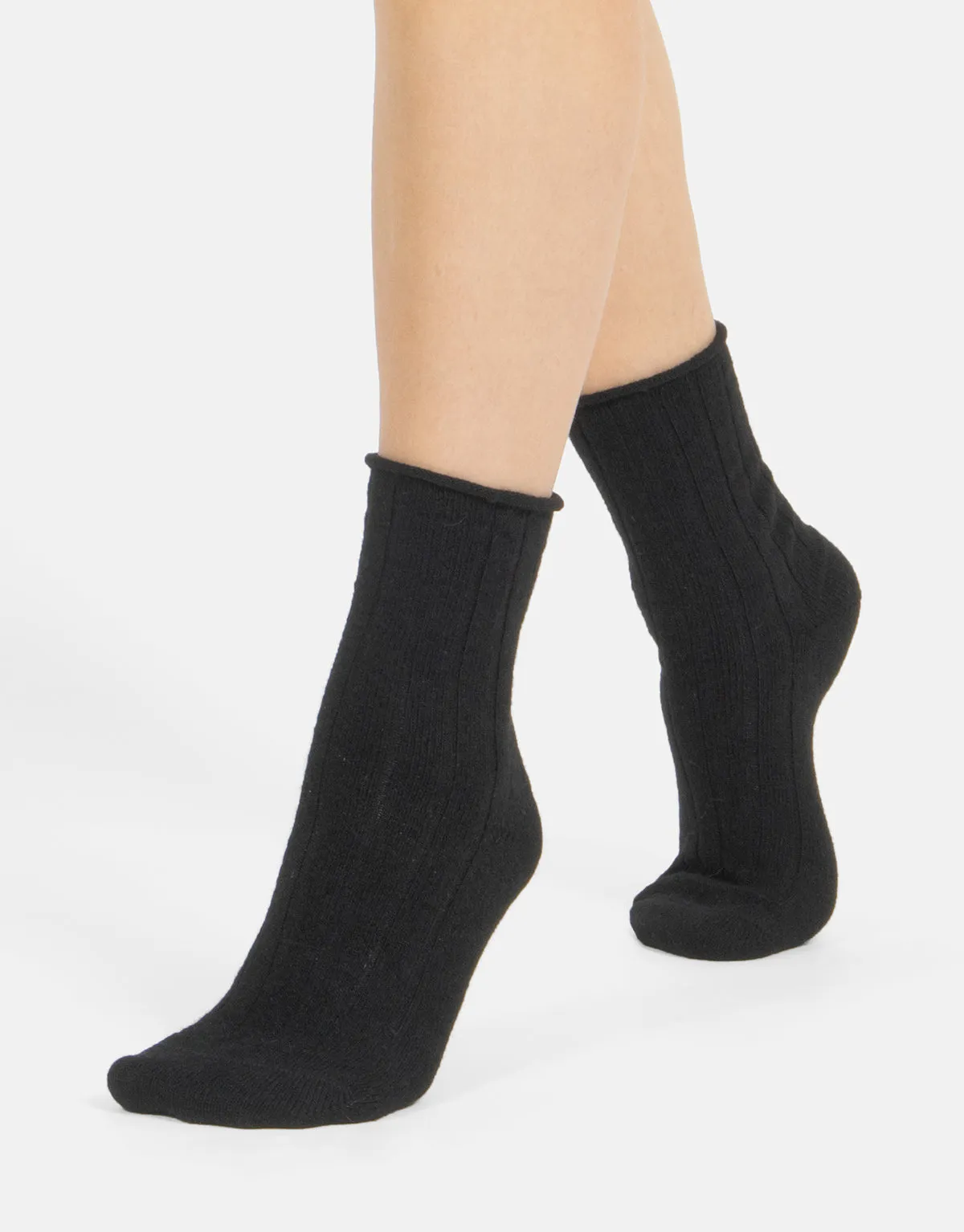 Ribbed Cashmere Blend Loose Top Socks - Black   Sand