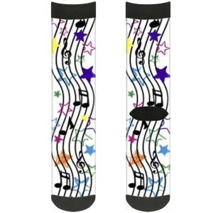 Sock Pair - Polyester - Music Notes Stars White Black Multi Color - CREW