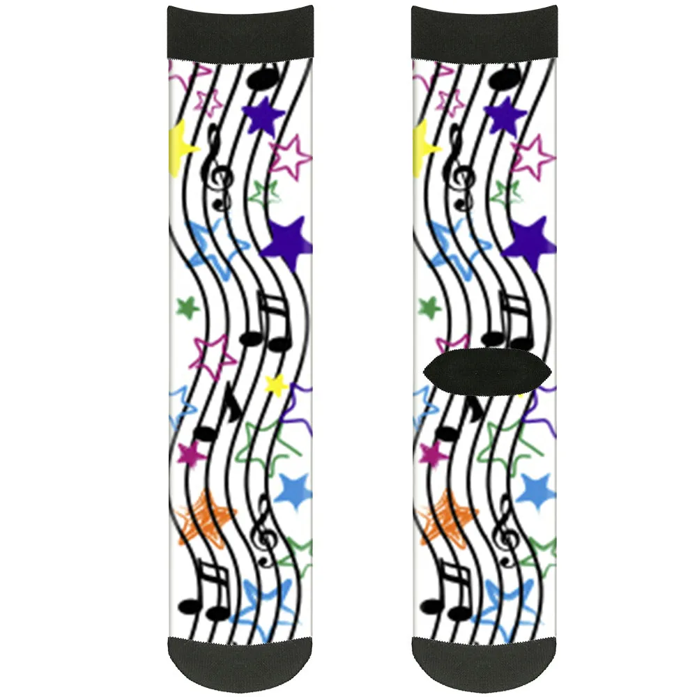 Sock Pair - Polyester - Music Notes Stars White Black Multi Color - CREW