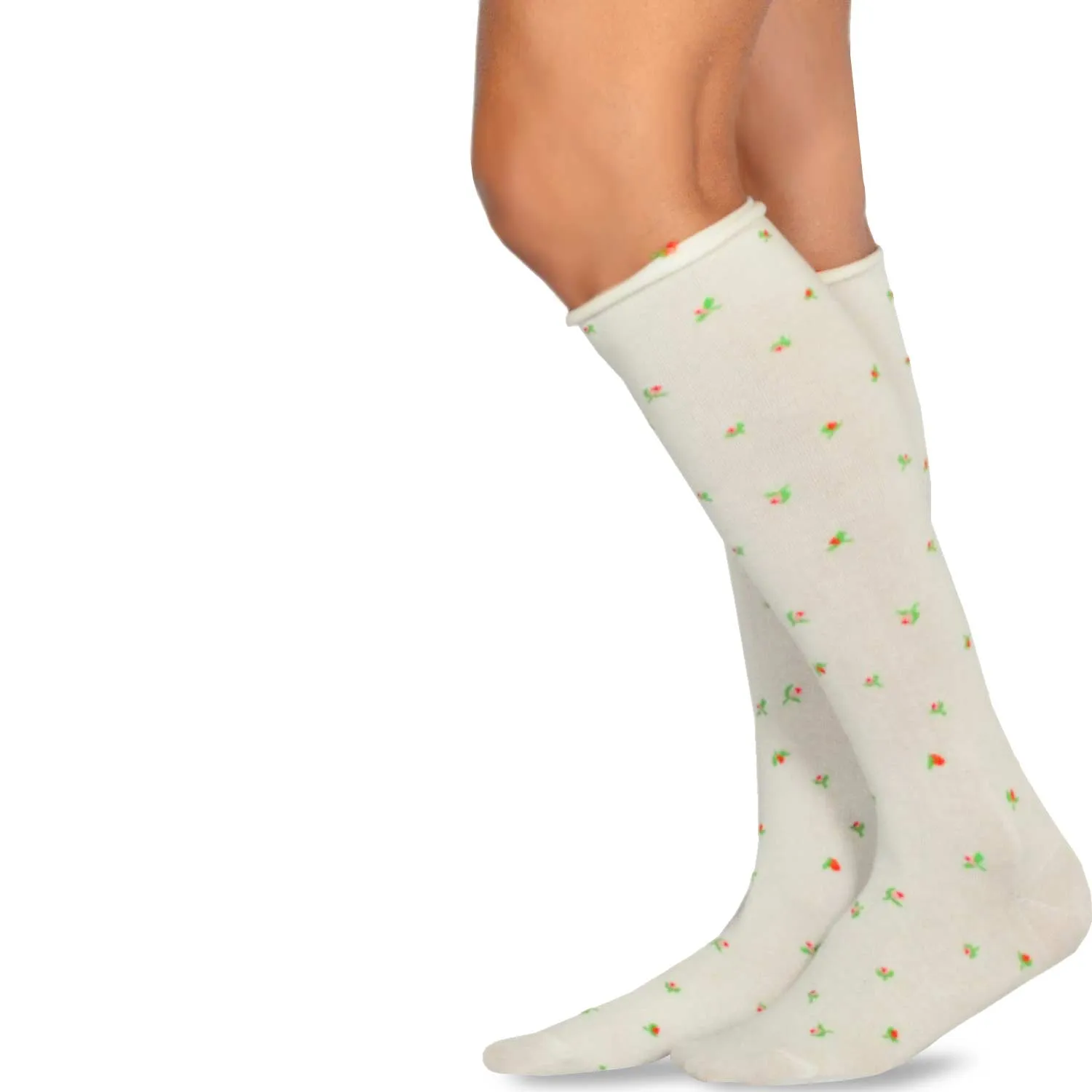 TeeHee Socks Women's Casual Cotton Knee High Rose Bud Roll Top 2-Pack (10766)