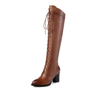 TinaCus Women's Genuine Leather Pointed Toe Sylish Sleftie Handmade Side Zipper Mid Chunky Heel Knee High Boots