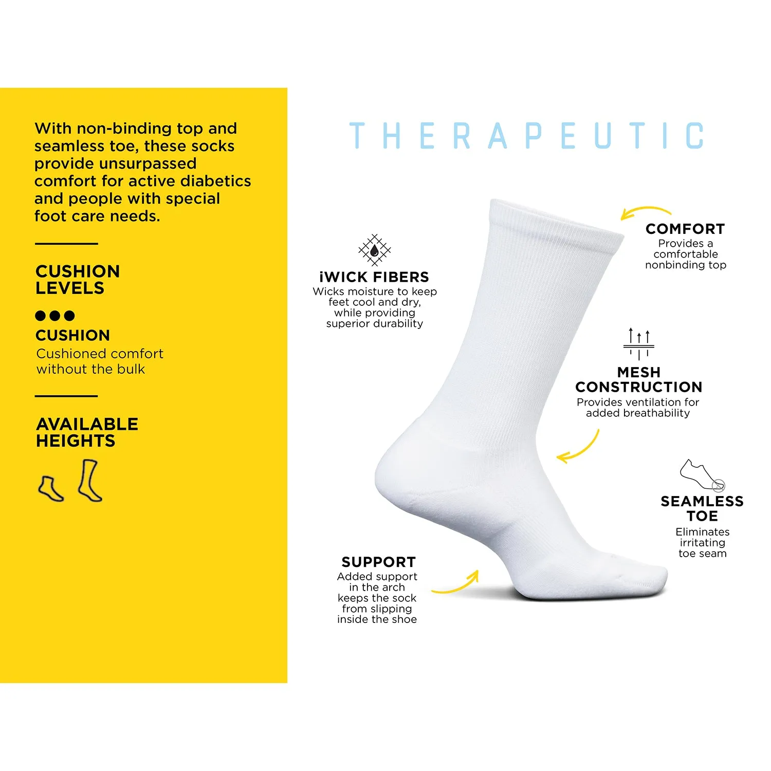 Unisex Feetures Therapeutic Crew Socks White